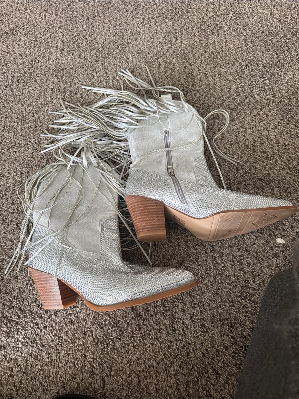 Metallic Silver Fringe Western Ankle Boots